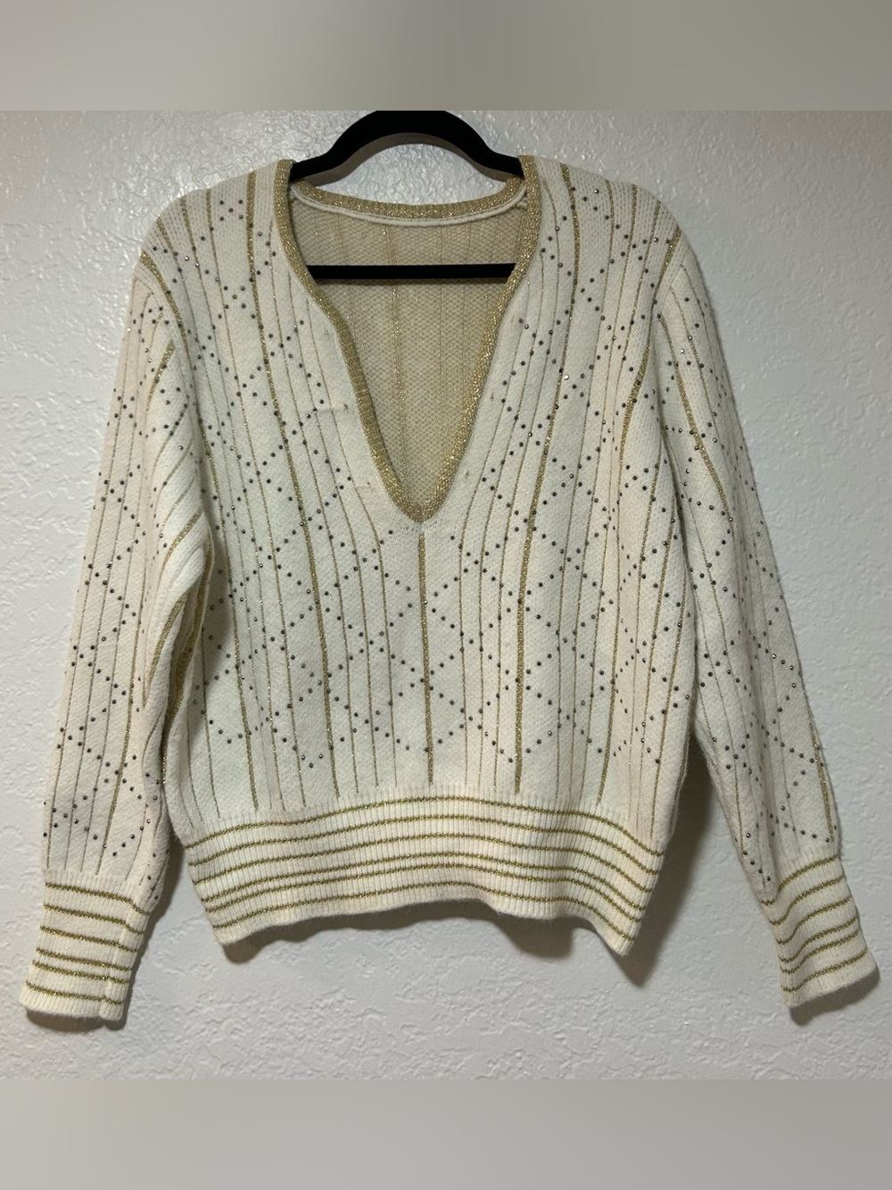 J.ING Cream V-Neck Sweater with Gold Striped Trim 100% Acrylic